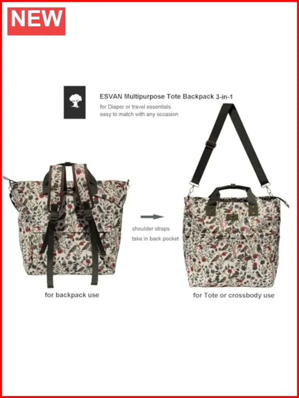 3-in-1 Convertible Diaper Bag Tote Backpack Crossbody Water-Repellent Canvas
